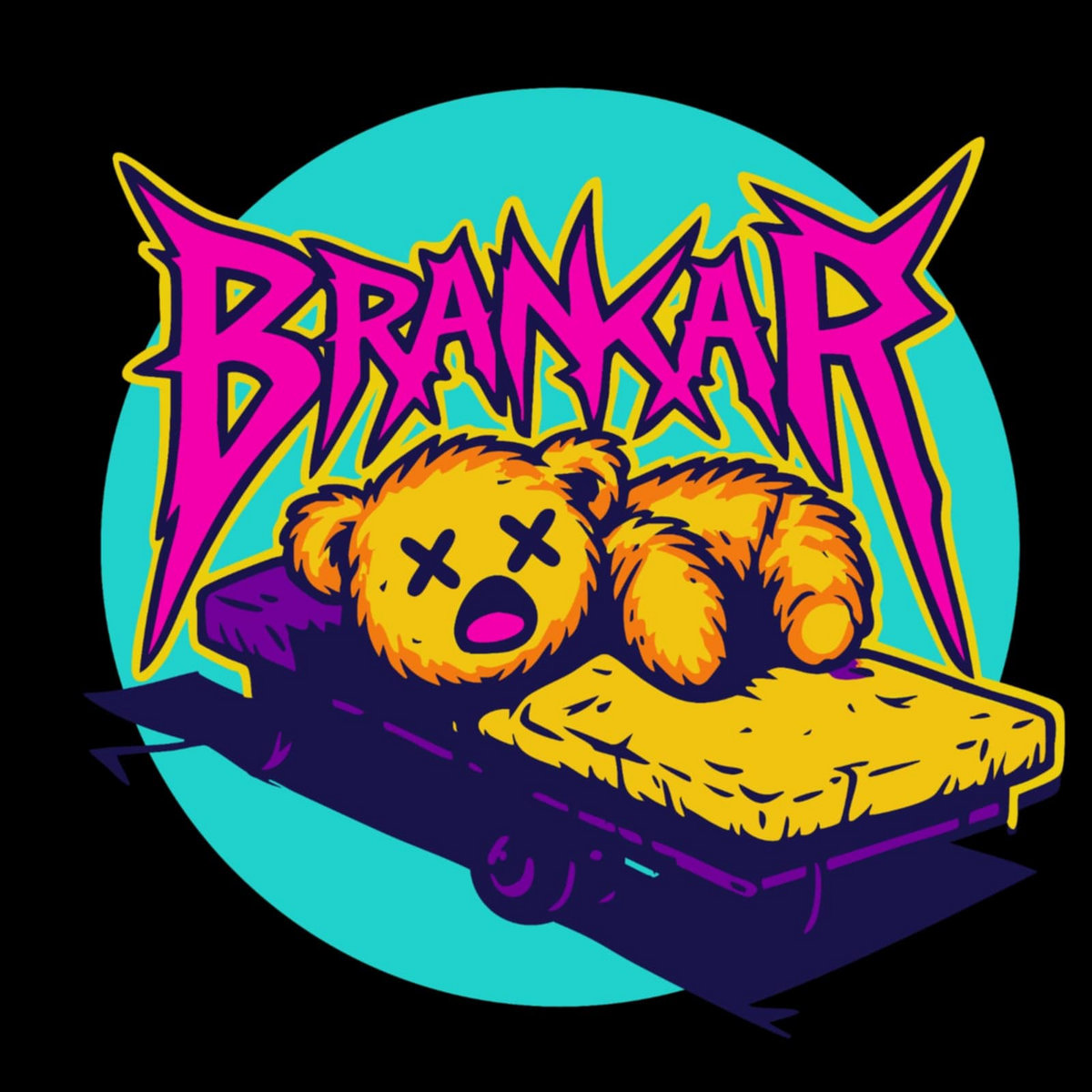 Brankar band logo: a dazed teddy bear on a skateboard beneath jagged pink lettering